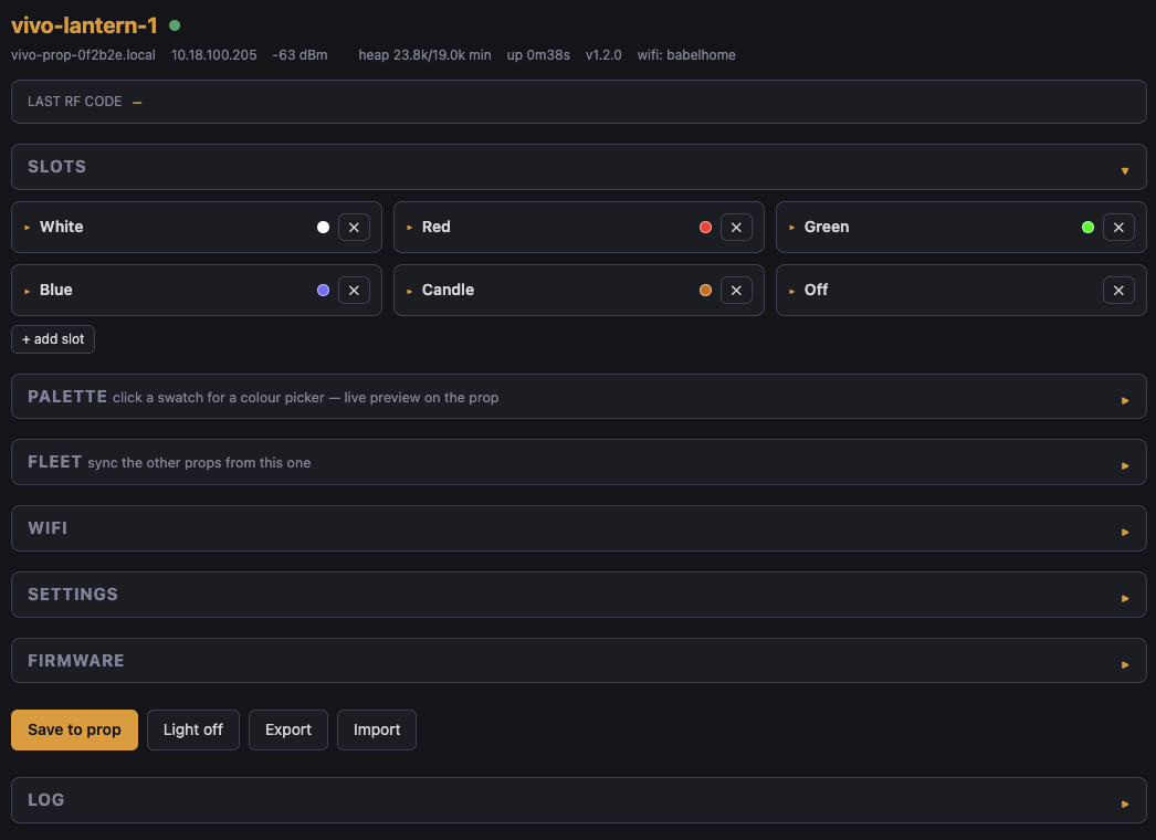 A prop's web page: status line, six scene cards named White, Red, Green, Blue, Candle and Off, and collapsed Palette, Fleet, WiFi, Settings and Firmware sections
