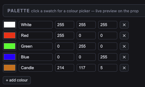 The Palette section: five named colours with RGB values and swatches, plus an add-colour button