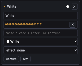 An open scene card named White: the captured binary remote code, a paste-a-code field, colour and effect dropdowns, and Capture and Test buttons