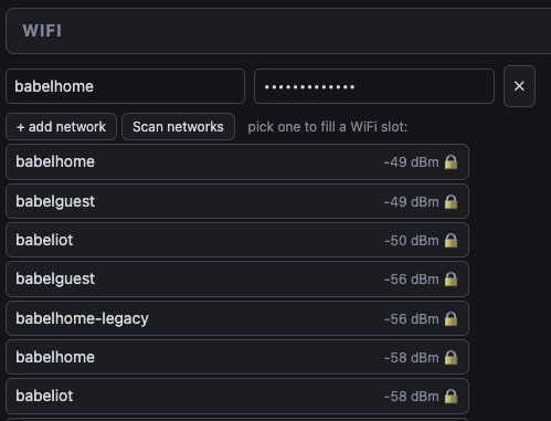 The WiFi section: a saved network with password, and a scan list of nearby networks with signal strengths